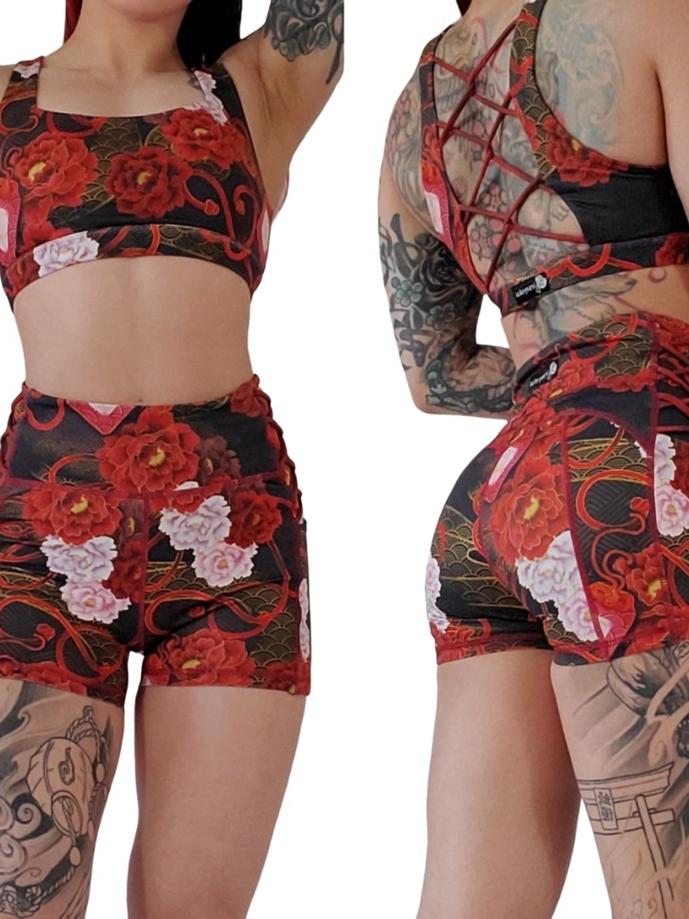 Iron Yokai Peony Floral Red & Black High-Waist Women’s Bra And Shorts Set